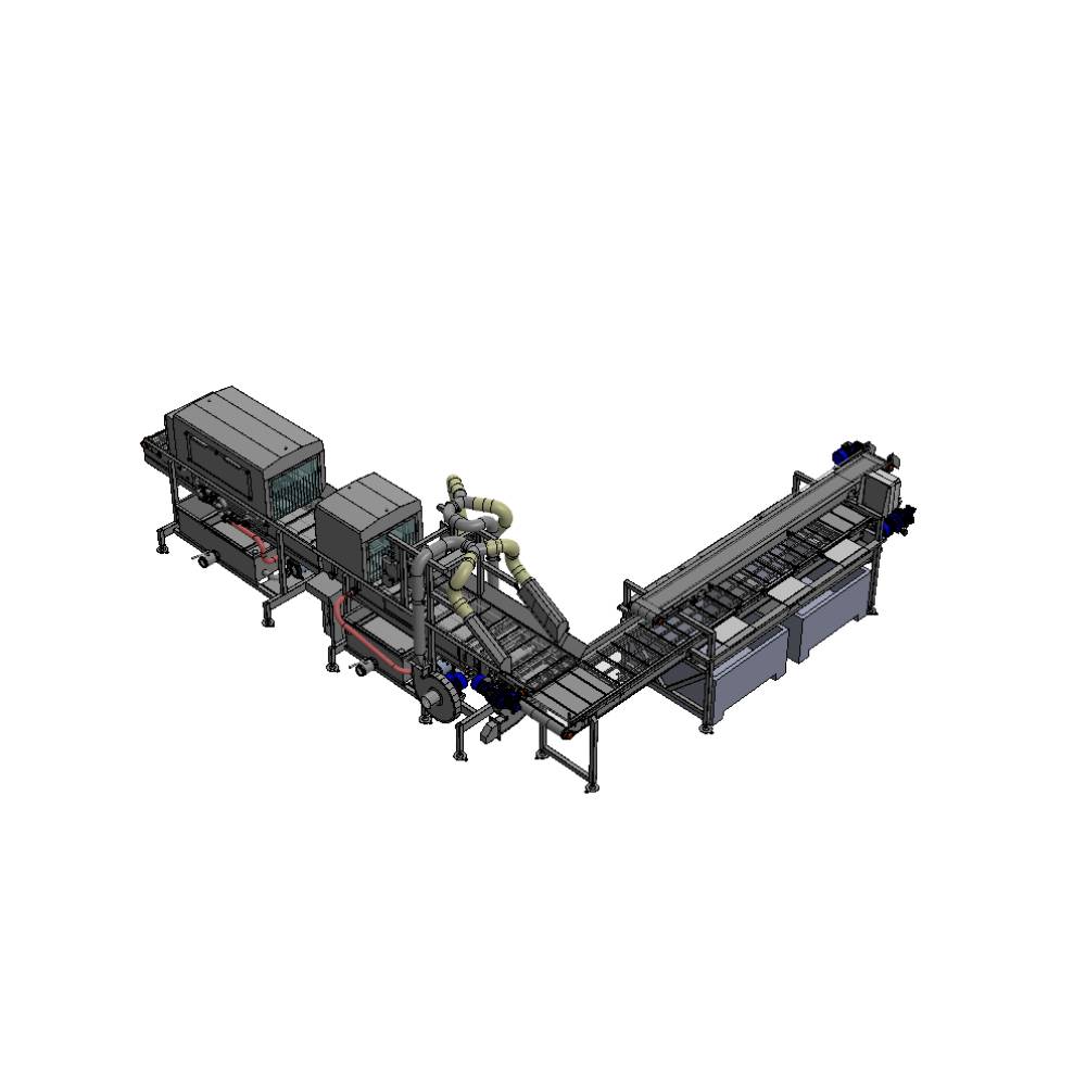 Impianto lavaggio, asciugatura, mondatura e scarico scarti su bins